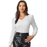 Allegra K Sparkly Sequin Top for Women's V Neck Party Metallic Blouse