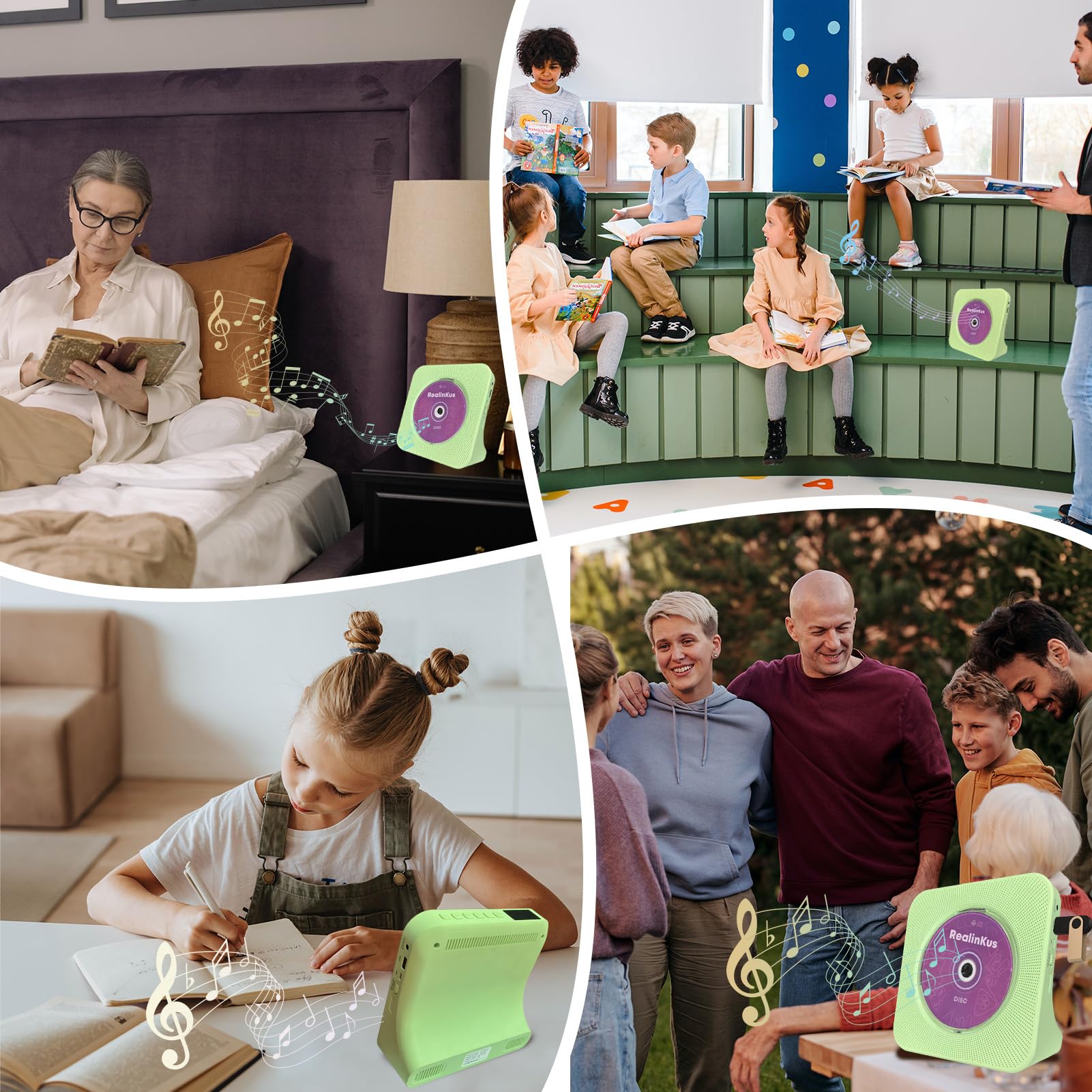 Realinkus Green CD Player for Home, Desktop CD Player with Speakers, FM Radio, Remote Control, Bluetooth, USB and AUX Port, Vertical Stand and Portable, Wired