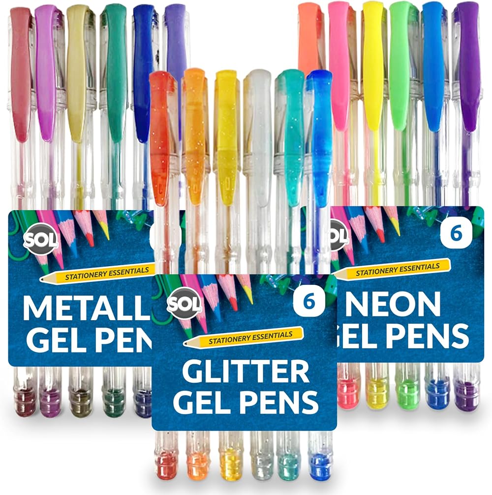 SOL 18pk Gel Pens Set Metallic Neon Glitter Coloured Ink 1.0mm