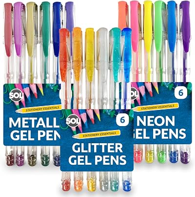 SOL 18pk Gel Pens Set Metallic Neon Glitter Coloured Ink 1.0mm
