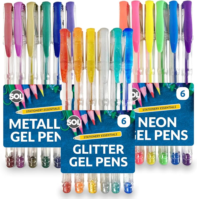 SOL 18pk Gel Pens Set Metallic Neon Glitter Coloured Ink 1.0mm
