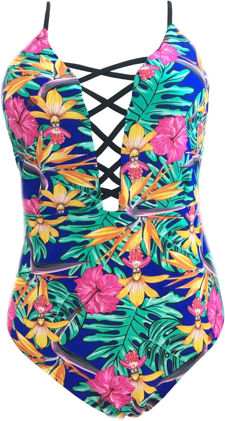 Sondiborn Swimwear Women's One Piece Criss Cross Front Swimsuit Solid Color Floral Print Monokini (XL, Floral Print #5)