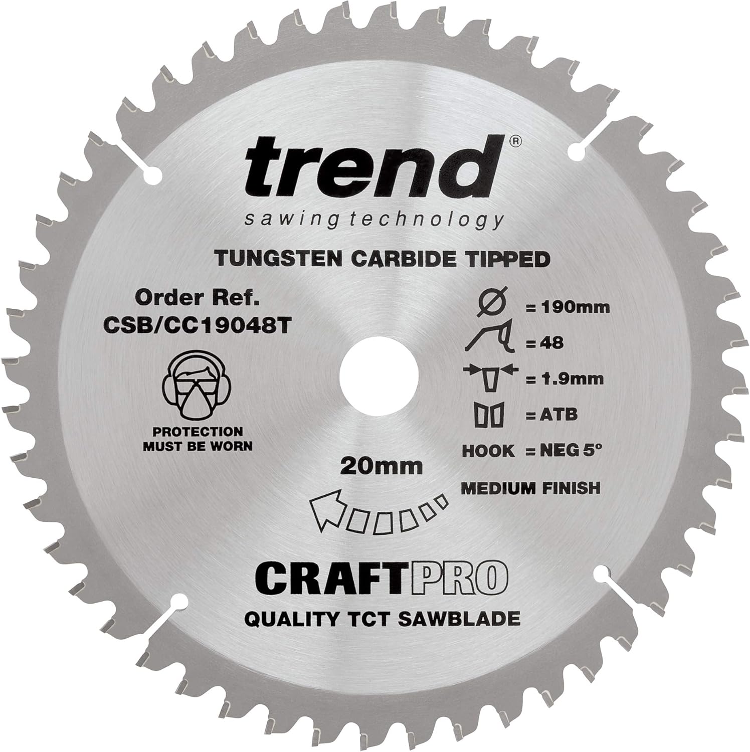 Trend Wood Cordless Mitre Saw Blade, 190mm Diameter, 20mm Bore, 48 Teeth, 1.9mm Kerf, -5° Hook, TCT, Fine Finish, CSB/CC19048T