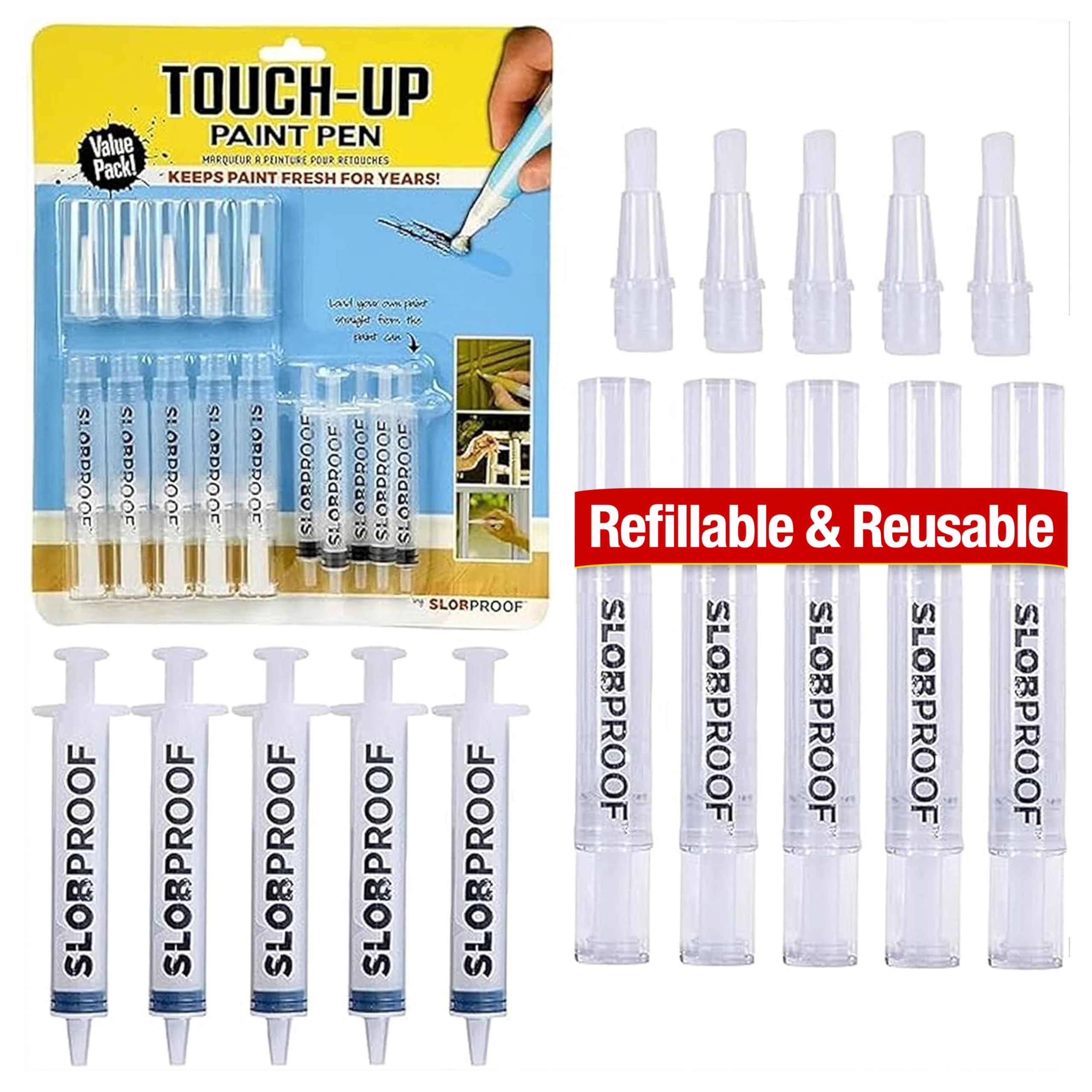 Photo 1 of Slobproof Refillable Touch-Up Paint Pen, Mess-Free, Reusable Wall Paint Repair Tool, Precise Application, DIY Home Improvement, Furniture, Arts and Crafts, Patented Design, Easy Storage, Pack of 5