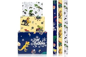 Vnaaem Dinosaur Wrapping Paper Rolls with Cutlines on Reverse - 3 Rolls Birthday Gift Wrap for Kids Boys Girls Dinosaur Party Birthday Gift Wrapping Holiday(17 Inches X 120 Inches)