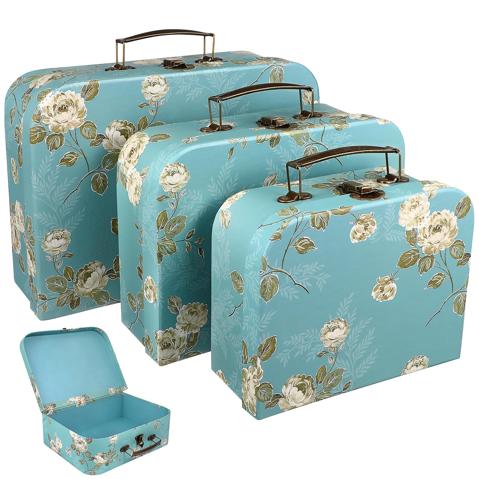 Alipis Paperboard Suitcase s Storage Box with Metal Handles, 3Pcs Floral Print Cardboard Suitcase Stackable Storage Chests Boxes Decorative Luggage