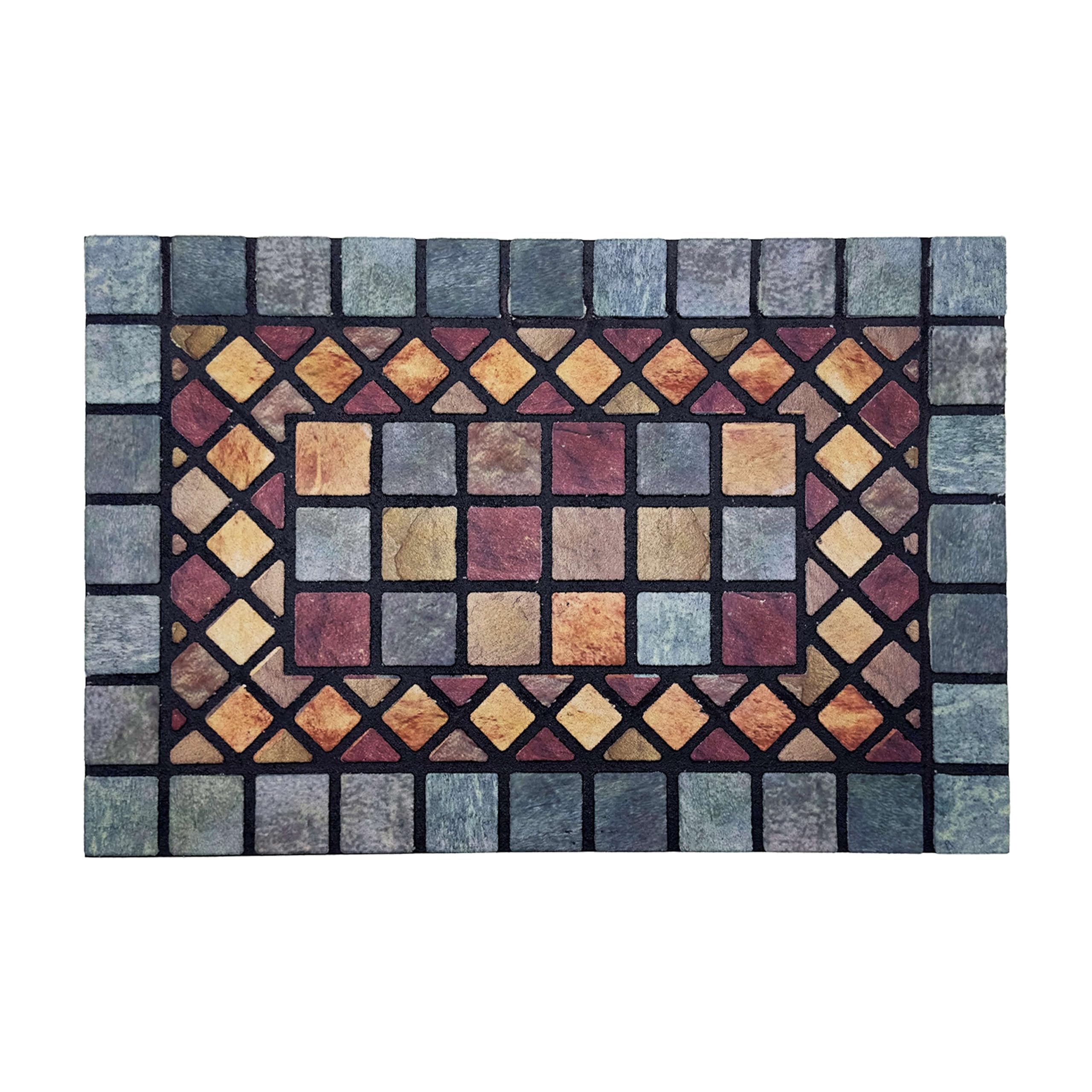 Nicoman Tile Heavy Duty Boot Scraper Doormat, Non-Slip Anti-Fatigue Eco-Friendly Rubber Indoor/Outdoor Door Mat, Rectangular (60x40cm), Blue Border