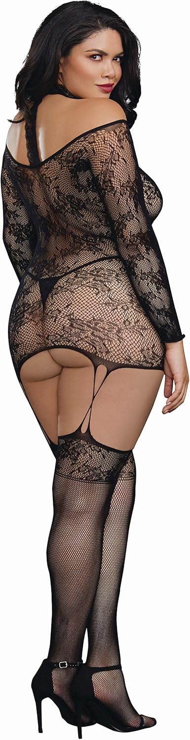 Dreamgirl Women's Plus Lace Patterned Knit Garter Dress with Stockings, Black, One Size - Queen: Clothing