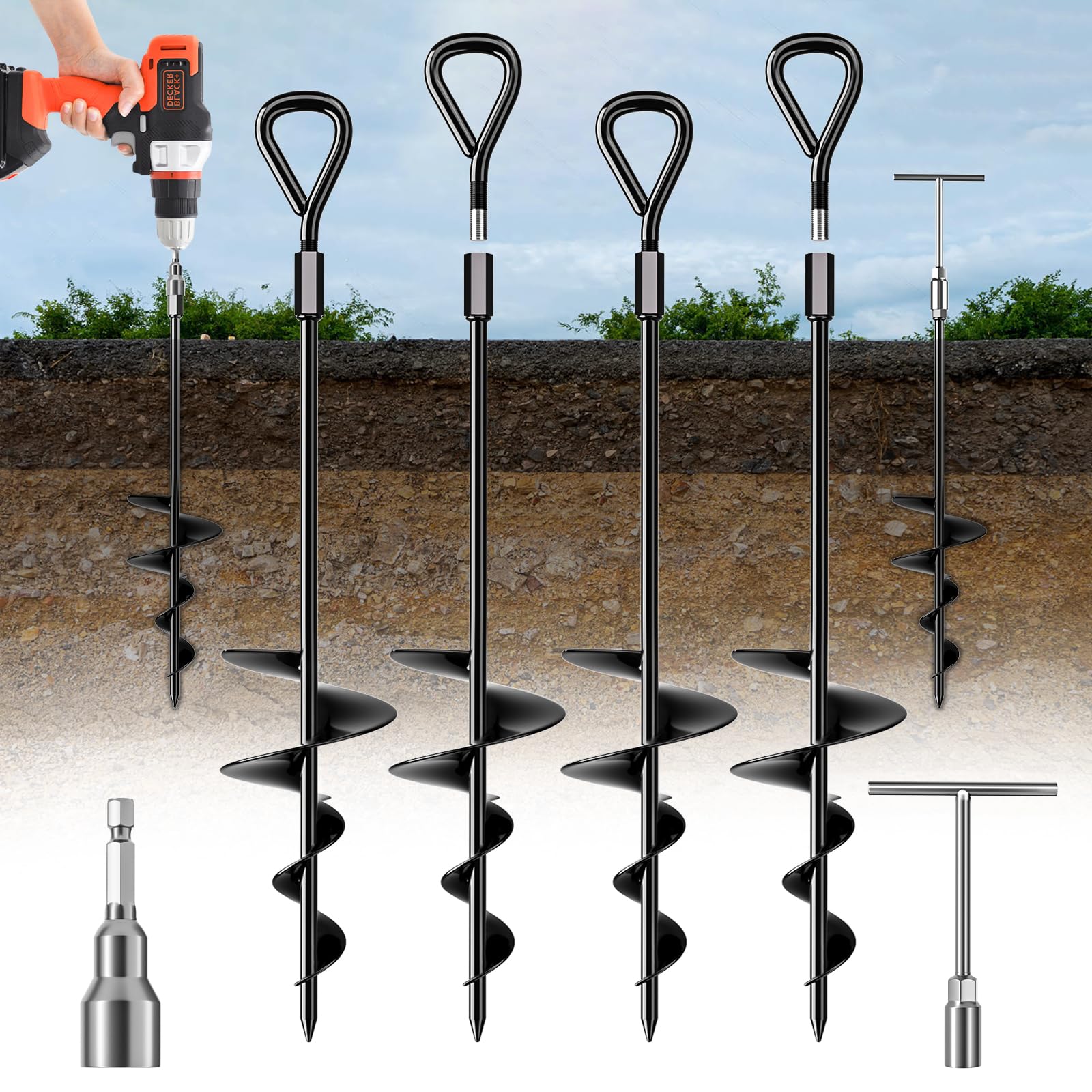 Photo 1 of 18" Long Ground Anchor, Heavy Duty Earth Anchors 18 inch Ground Anchors Screw in Kit with T-Handle Hex Wrench for Camping Tent, Swing Sets, Securing Animals, Sheds, Trampoline(4 Pcs) (Black)