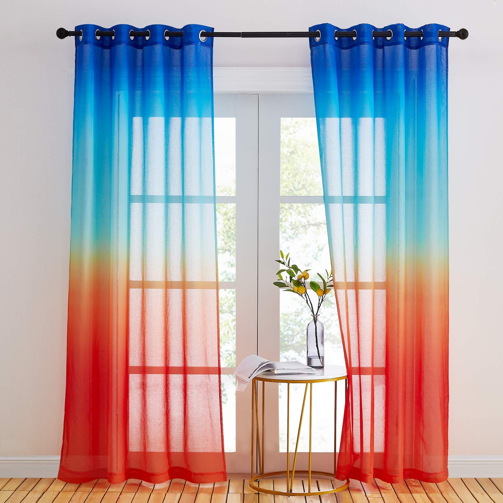 NICETOWN Window Curtains - Living Room Voile Linen Curtain with Eyelets Beautiful Rendering Colour Pretty Gradient Decoration for Bedroom, L 140 x H 245 cm, Blue/Orange, 2 Pieces — image 1
