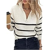 Milumia Women's Striped Half Zip Pullover Sweater Mock Neck Long Sleeve Ribbed Knit Pullover Tops