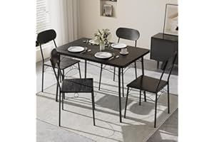 VECELO Dining Table Set for 4, 5-Piece Kitchen Table with 4 Chairs, MDF Board Tabletop with Metal Frame for Small Space, Compact Dinette, Breakfast Nook, Black