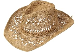 GEMVIE Men & Women's Summer Cowboy Cowgirl Straw Hat Hollow Out Style Roll Up Brim Cowboy Sun Hat