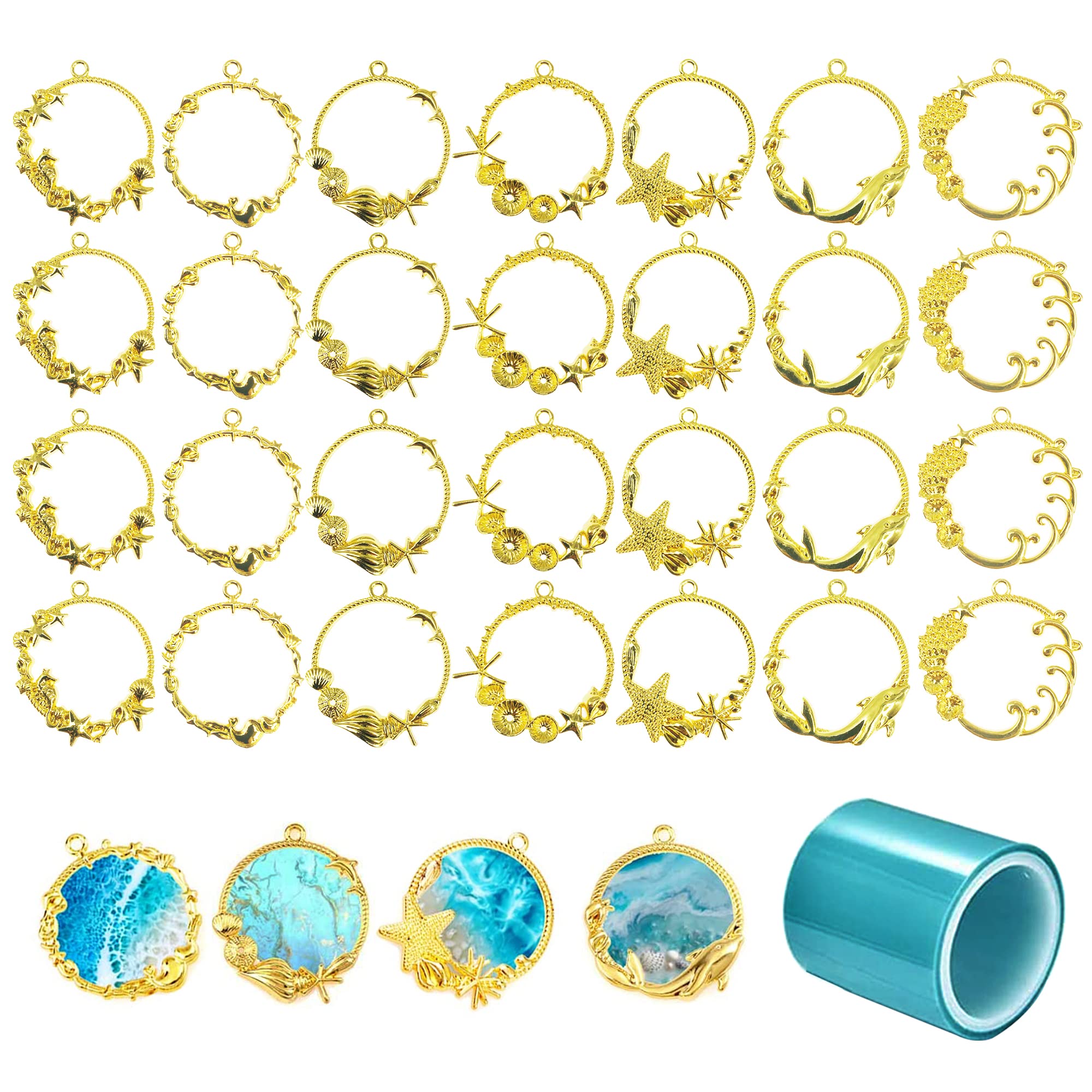 Allazone Open Bezel Charms, 28 PCS Sea Theme Open Bezels for Resin 7 Style Alloy Frame Pendants, Gold Hollow Frames for Necklaces & Earrings Making Supplies