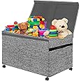 VERONLY Large Kids Toy Box Storage Chest with 360°Wheels,Toy box with Lid for Boys, Girls,Collapsible Sturdy Toy Storage Bins Containers for Stuffed Animals, Clothes, Bedroom, Nursery, Playroom -Gray