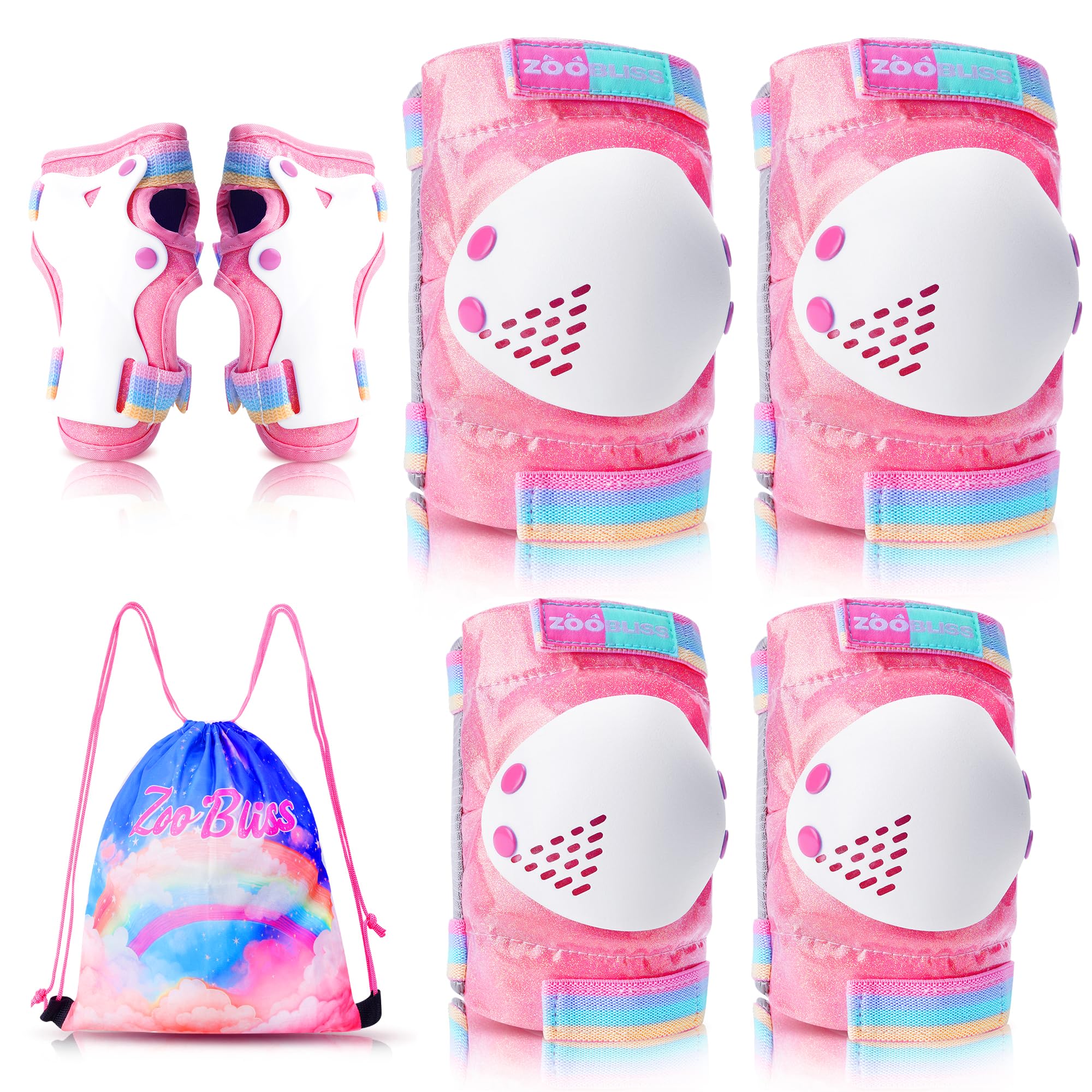 Photo 1 of Knee Pads for Kids, ZOOBLISS Toddler Knee and Elbow Pads Set Wrist Guards for Skating Girls Aged 3-12, Kids Protective Gear for Roller Skates Skateboard Bike Scooter, Included Drawstring Bag (Pink)