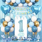 1st Birthday Decorations Blue White Gold, 1st Birthday Balloons Set | Happy 1st Birthday Banner, Number 1 Balloons Heart Foil
