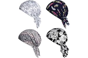 Sucrain 4pcs Pre-Tied Chemo Head Scarf Beanie Covers Cap Head Scarves Sleep Turban Hat Men Women Bandana with Stretch Print R