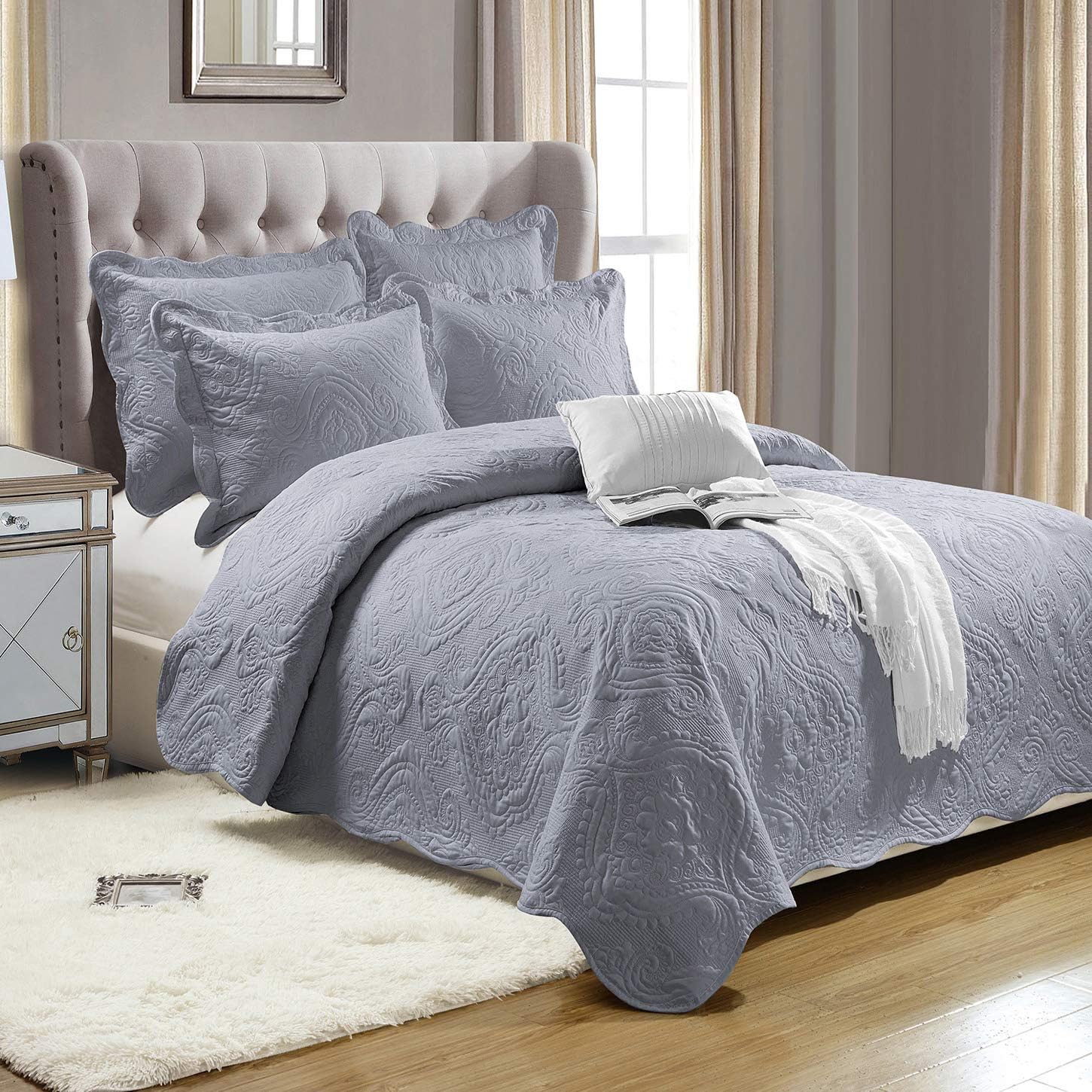 Yorkshire Bedding Grey Bedspread King Size 3 Piece Embroidered