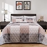 BALAPET Oversized King 128x120 Bedspread for California King Bed, Patchwork Plaid Grey Brown Coverlet Set with 2 Matching Shams, Soft Lightweight Quilted Bedding Set for All Season