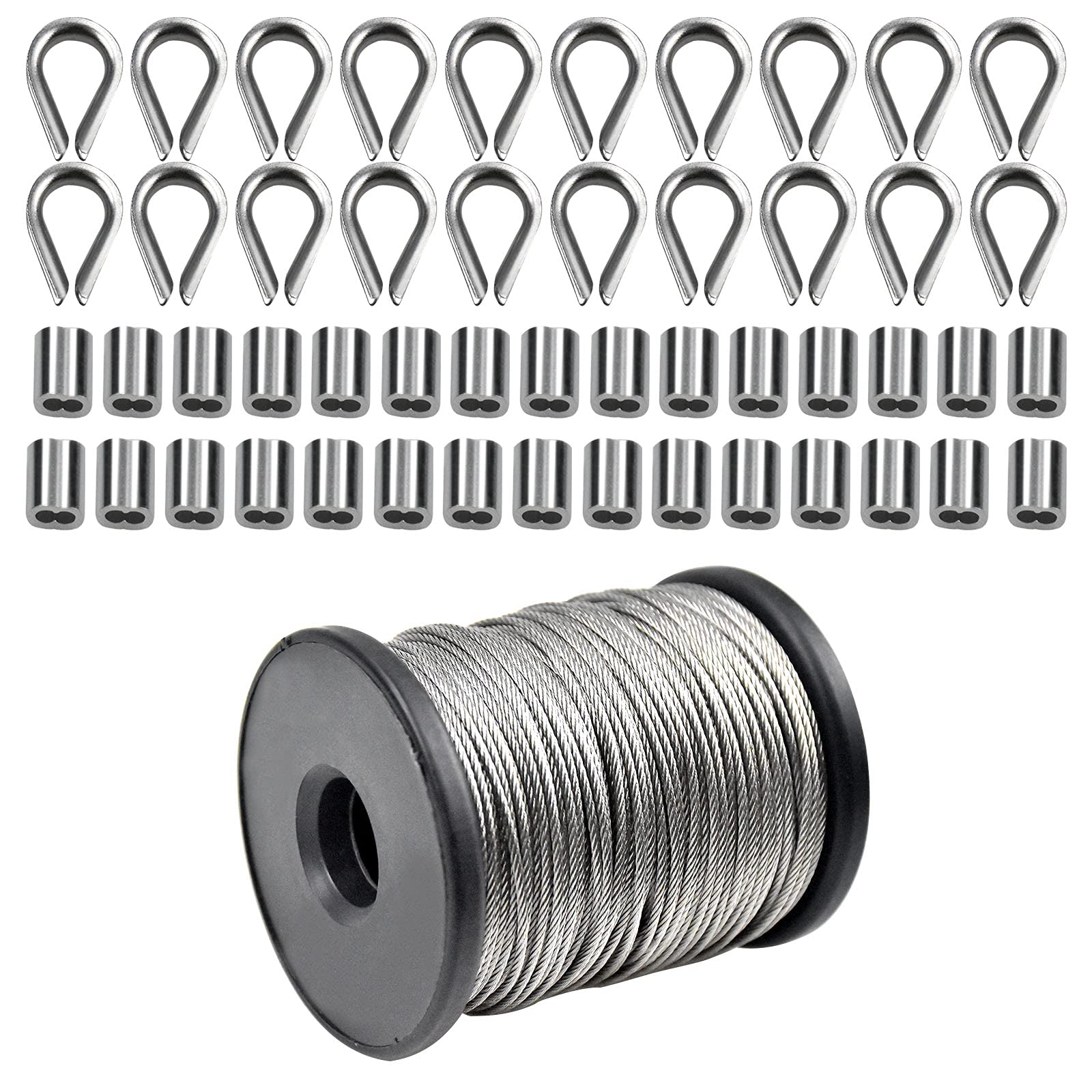 50m Stainless Steel Wire Rope, Picture Hanging Wire Heavy Duty Cable Rope Kit with Aluminum Crimping Loop Sleeves & M2 Thimbles for Clothesline Photo Mirror Hanging Railing