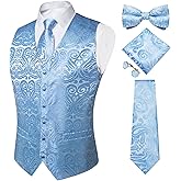 DiBanGu Light Blue Vest and Tie Sets for Men Suit Waistcoat Paisley Bow Tie Pocket Square Business Formal Dress Vest