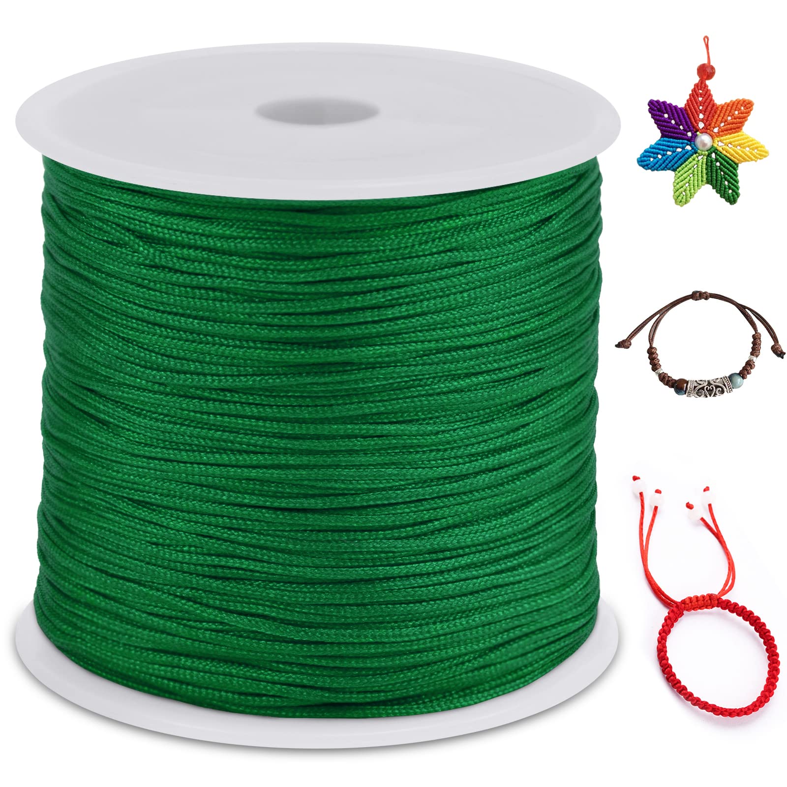 LEREATI Nylon Cord 0.8mm x 100m, Satin Cord Nylon String Macrame Cord, Coloured Beading Thread String for Making Bracelet, Necklace, Chinese Knot, Jewellery (Green)