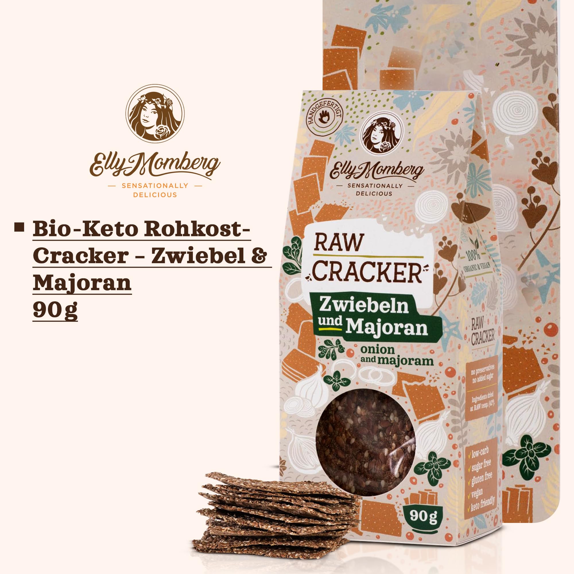 Elly Momberg Bio Leinsamen Cracker Keto 90g (Zwiebel & Majoran) – Low Carb, Glutenfrei, Vegan, Ohne Zuckerzusatz – Rohkost Crackers mit Zwiebel & Majoran, Ballaststoffreich, Gesunder Snack 2