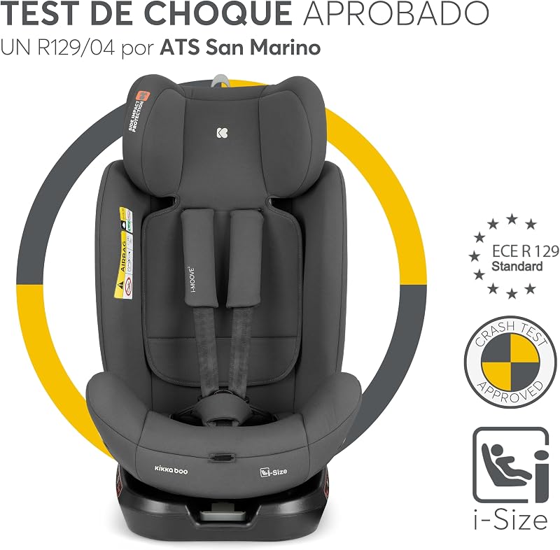 Cadeira de Bebé KikkaBoo Grupo 0 1 2 3 i-MOOVE 2, tamanho i 40–150 cm com ISOFIX, giro 360°, reclinável, apoio de cabeça ajustável, preto