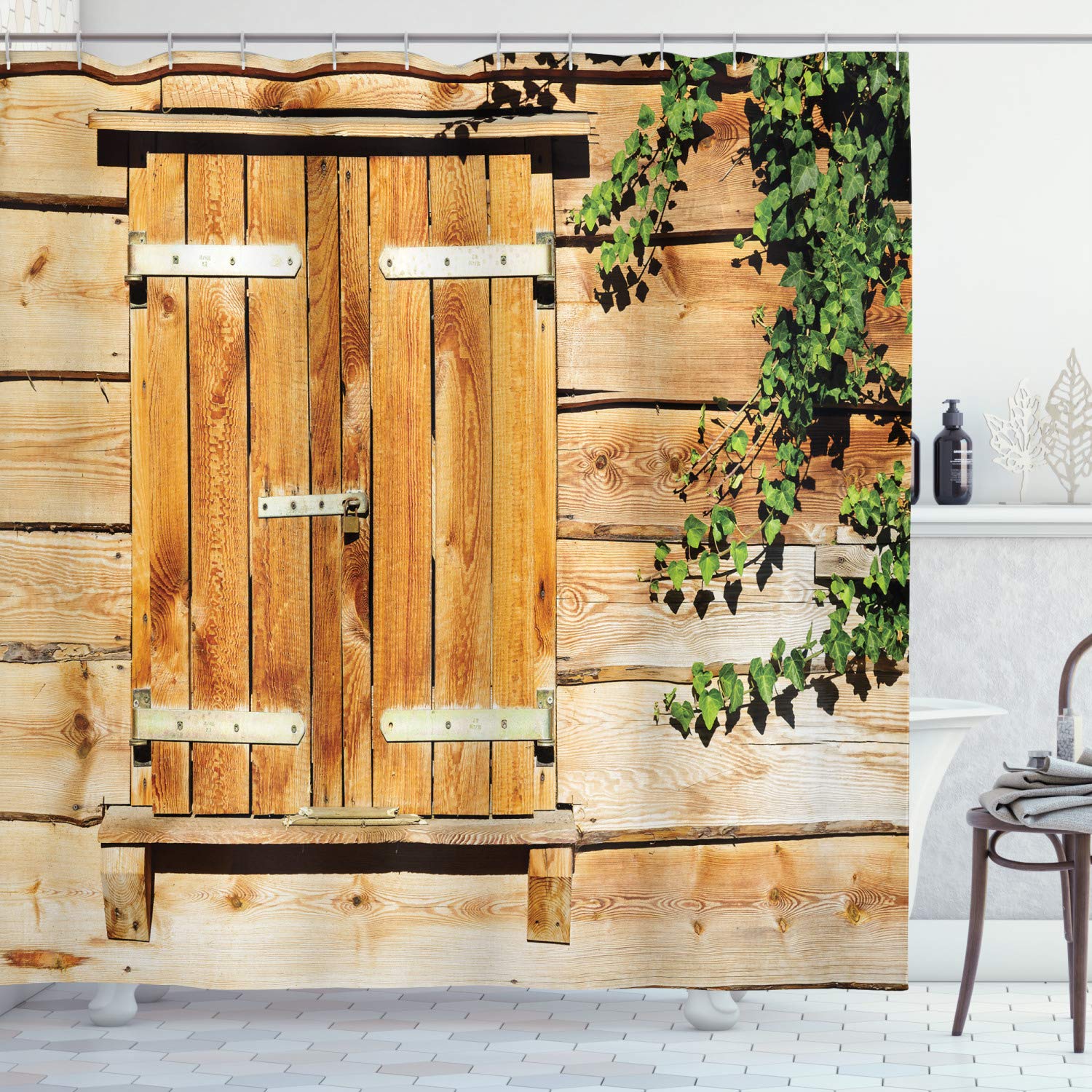 ABAKUHAUS Shutters Shower Curtain, Facade of an Old Building Wooden Shutters Traditional House Summer Plants Nature, Cloth Fabric Bathroom Decor Set with Hooks, 94 Inches, Beige Green