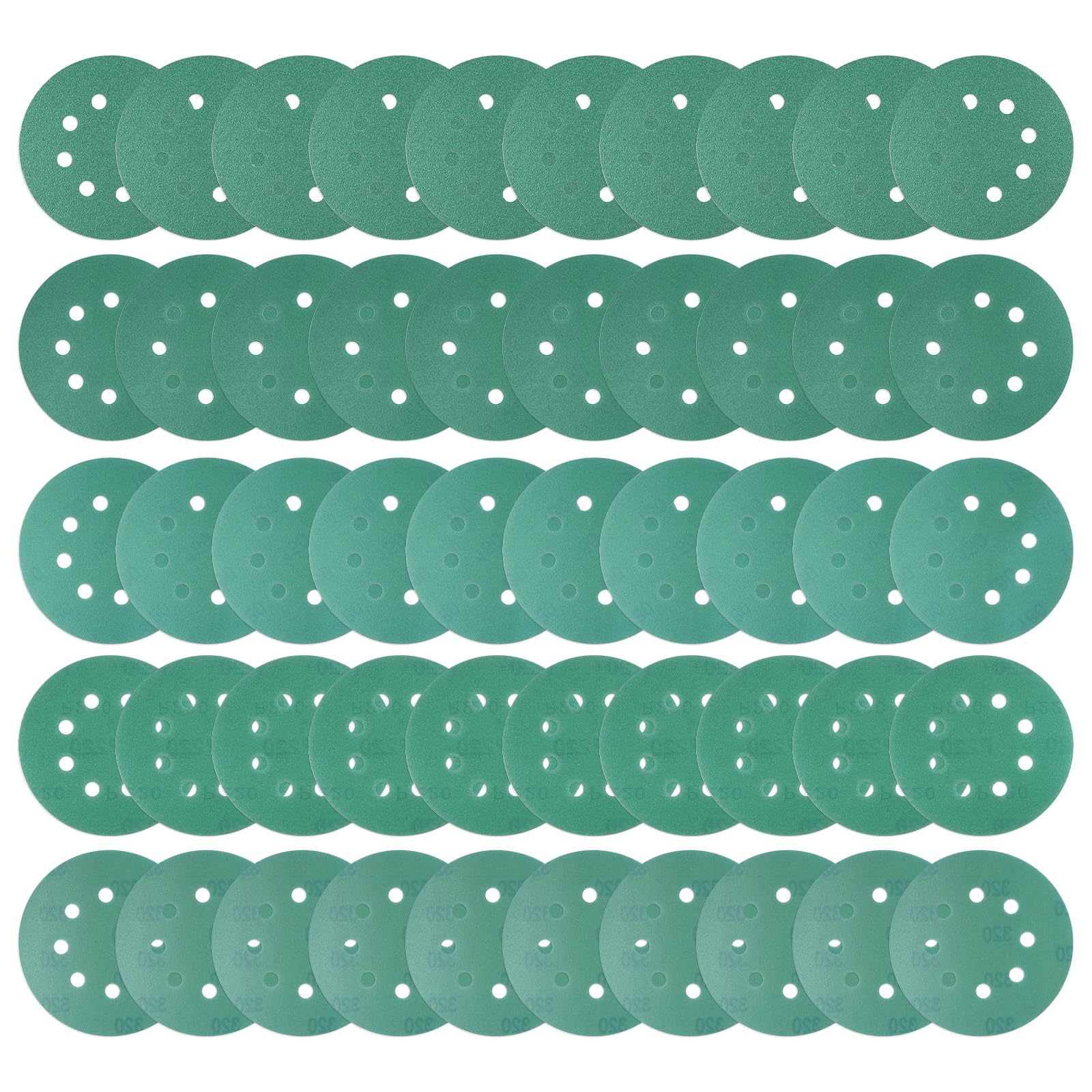 Kozelo 50pcs Green Film Sanding Discs - [5 Inch 80/120/180/220/320 Grits 8 Hole ] Round Aluminum Oxide Hook & Loop Wet Dry Sander Pads for Wood Metal Polishing Use