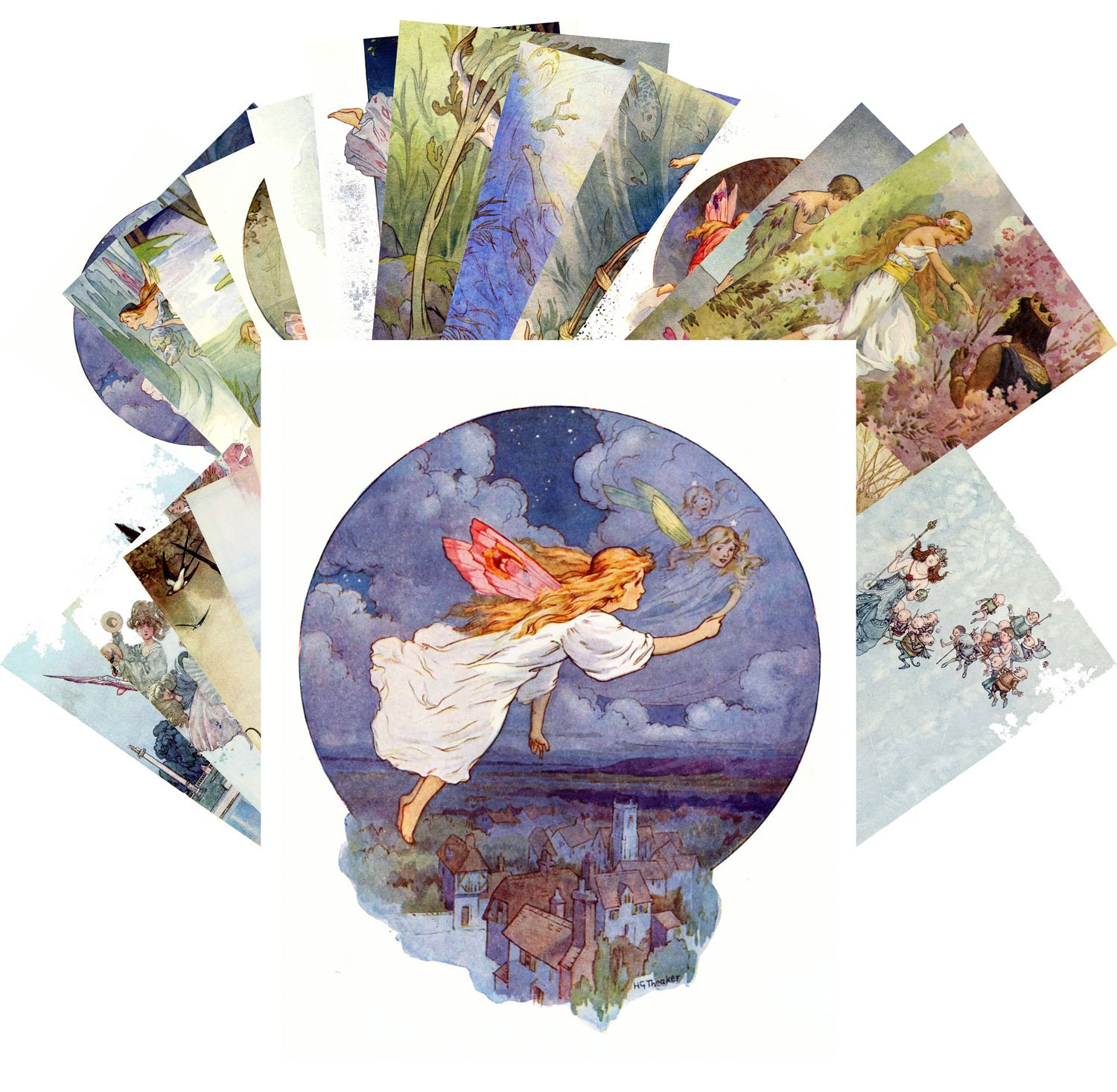Postcard Set 24pcs Fairy Tales Small People Vintage Book Illustration by Harry Thaker William Robinson
