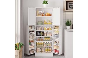 Yusong Tall Kitchen Pantry Storage Cabinet with Doors and Shelves, Wooden Food Pantry Farmhouse Cupboard Freestanding Buffet for Kitchen Dining Living Room, White