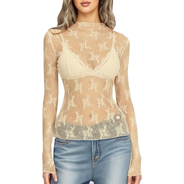 Haut Femme Manches Longues Dentelle 2025 - Maille Transparente Florale - Court, Ajusté - Style Streetwear - 10