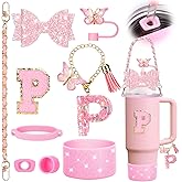 Mity rain 9PCS Pink Cup Accessories Set for Stanley Cup 30oz 40oz tumbler with handle - Includes Strap,Straw Bow Decorate,Straw Topper,Boot,Spill Proof Stoppers,Handle Charms,Sticker (Initials P)