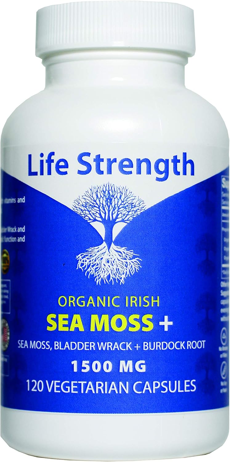 Life Strength 120 CT Wildcrafted Organic Irish Sea Moss Bladderwrack and Burdock Root Finest Ingredients Lung Support Immune Boost Super Food