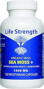 Life Strength 120 CT Wildcrafted Organic Irish Sea Moss Bladderwrack and Burdock Root Finest Ingredients Lung Support Immune Boost Super Food