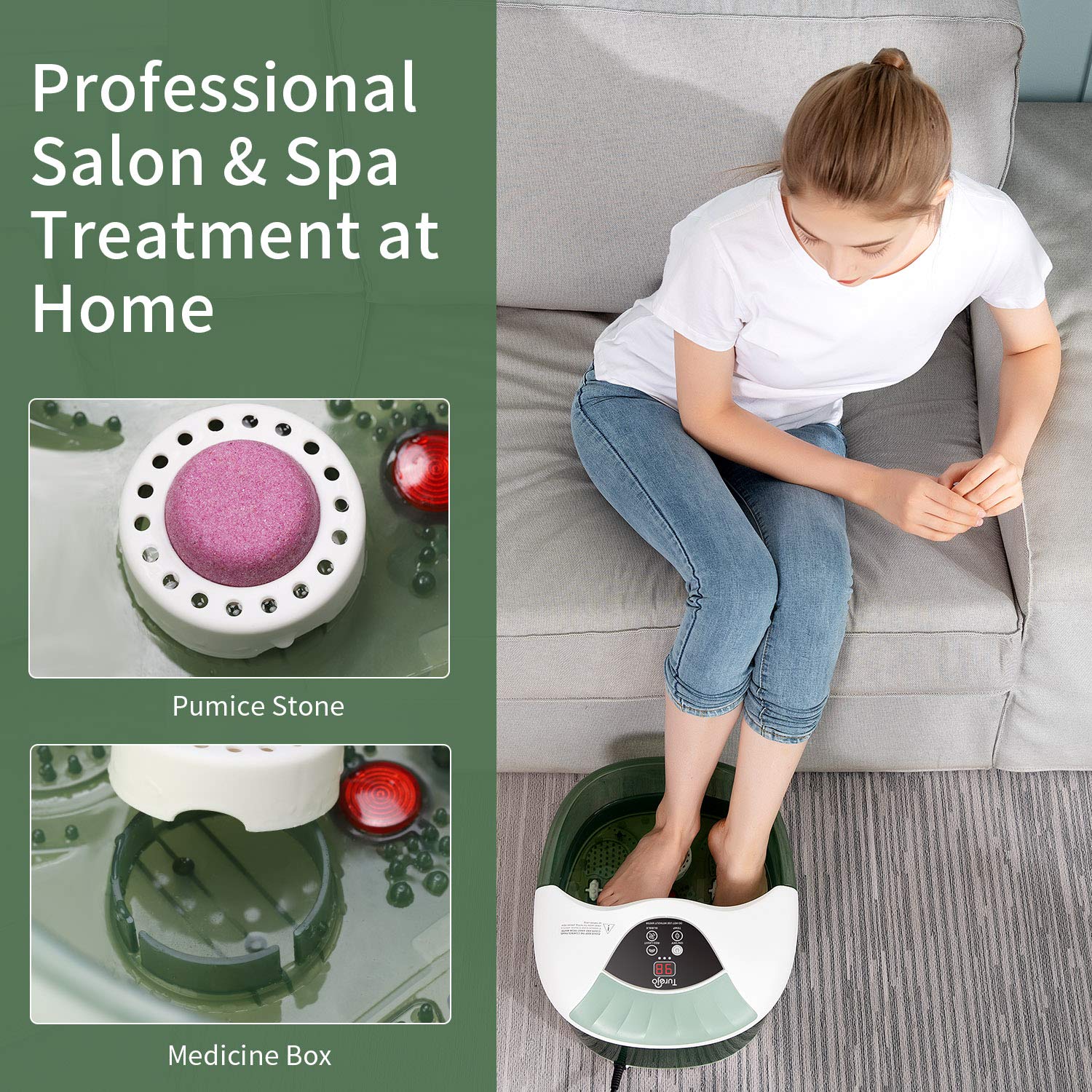 Turejo Foot Spa/Foot Bath Massager with Heat, Bubbles,14 Massage Rollers, Temperature Control, Pumice Stone and Medicine Box for Spa Treatment at Home, Fatigue Relief-Neo Mint Green: Beauty