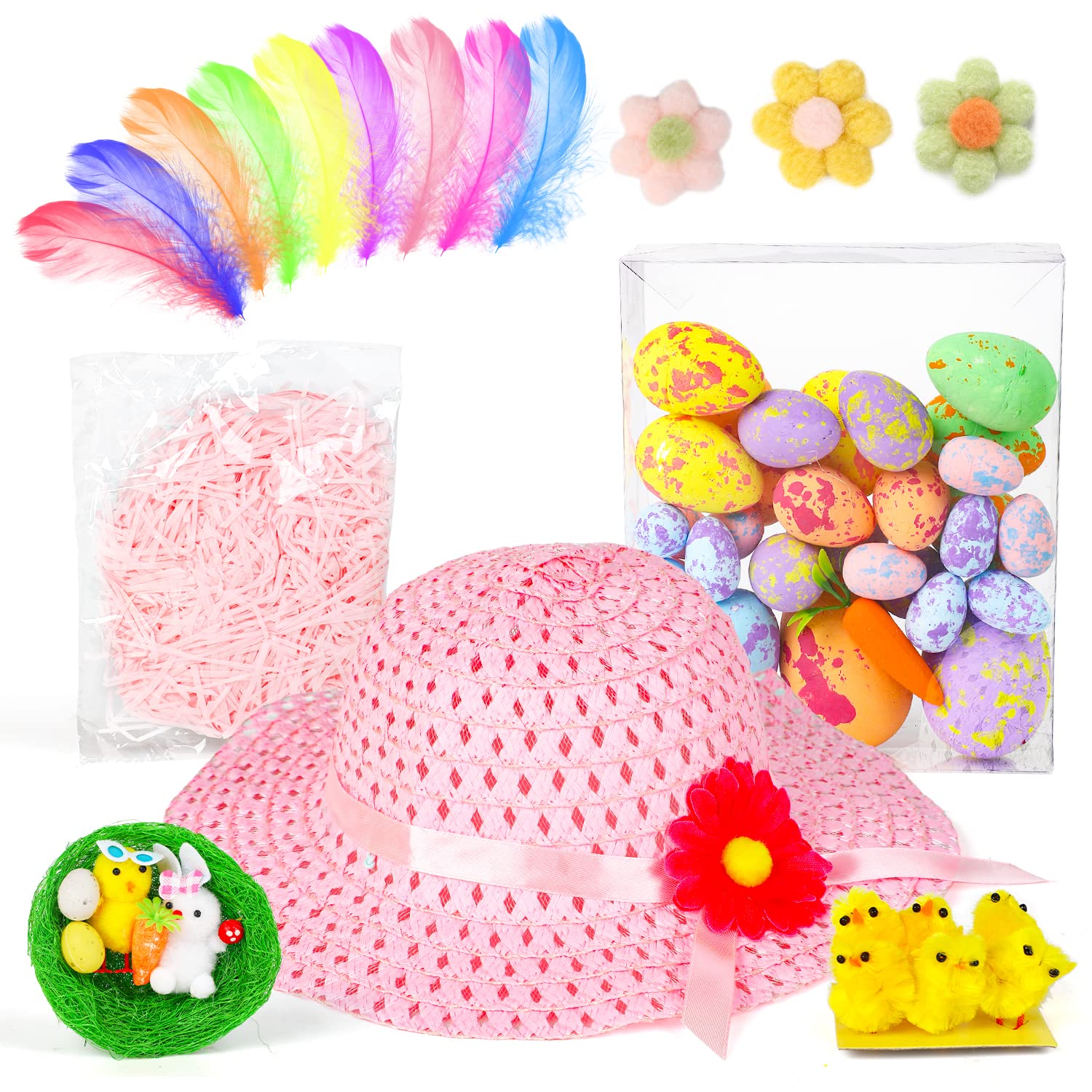 SULOLI Easter Bonnet Kit,Easter Bonnet Hat Kids Make Your Own Easter Bonnet Easter Bonnet Decorations Kit Girls Easter Bonnet Making Kit(Pink)