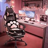 MEENICE Pink Gaming Chair Cute with Cat Ears Paw Lumbar and Cushion,Ergonomic Computer Chair with Footrest,Reclining PC Game Chair for Girl Computer Chair 300lbs for Adult