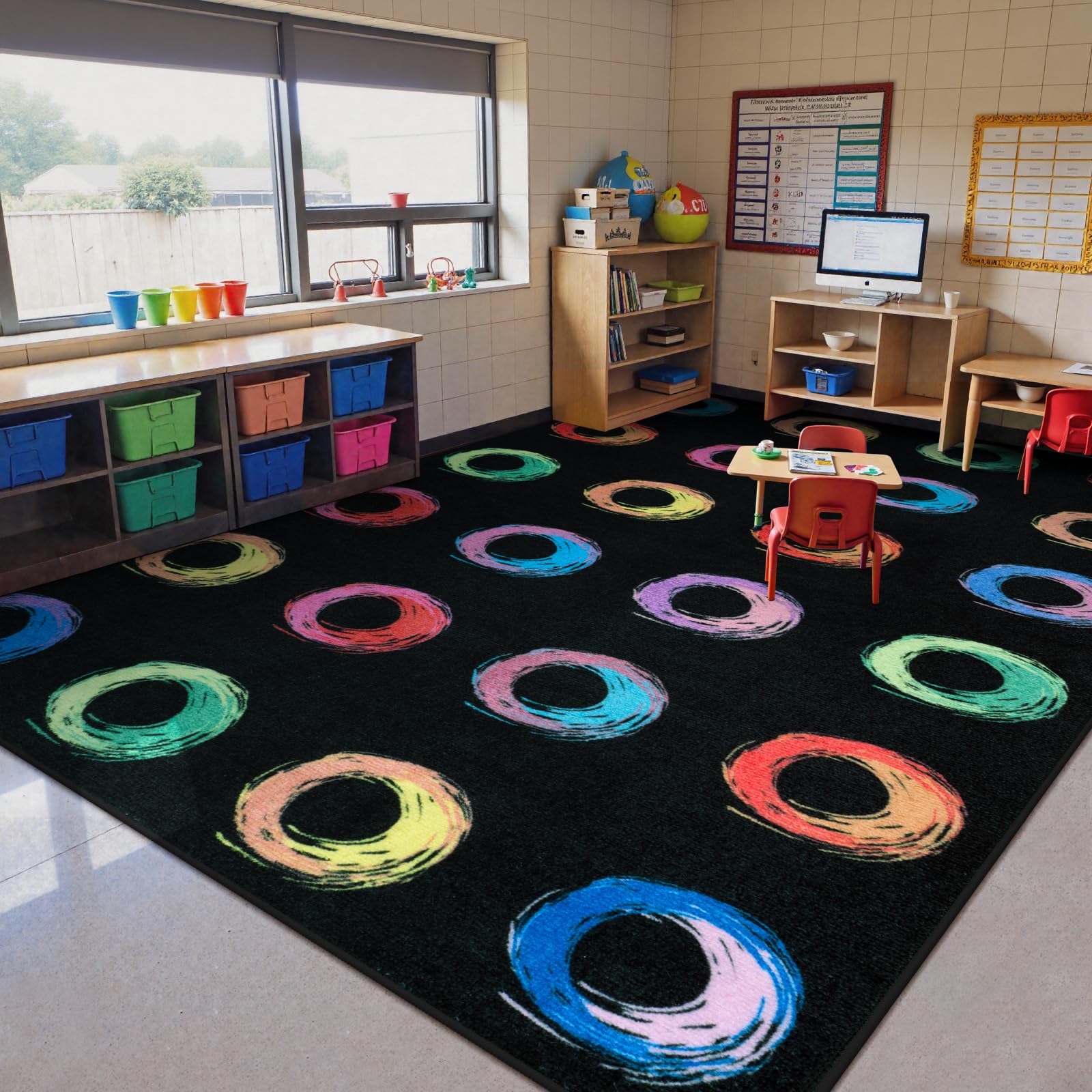 Photo 1 of STARUIA Classroom Rug with Colorful Circle, 7.5x13 Large Educational Area Rug for Classroom Preschool Nursery Daycare, Non-Slip Circle Time Rugs Kid Carpet for Playroom Elementary, Seats 24