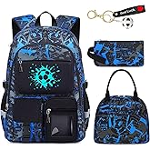 Fitvc School Backpack for Boys - 4pcs Soccer Boys Backpack with Lunch Box Set for Kids Teens Elementary Middle High School - 18" Large Capacity School Bookbag with Multiple Pockets