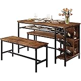 IRONCK 3PC Dining Table Set with 2 Benches, Small Kitchen Table Set, Kitchen Table with Storage Shelves and Wine Rack, Space-