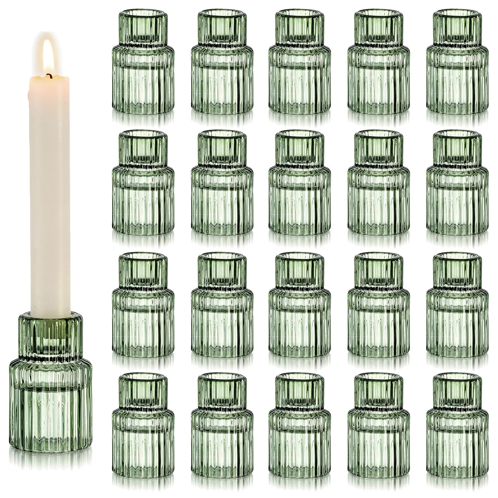 Photo 1 of Hewory Glass Taper Candle Holders: 20 PCS Green Vintage Candle Holder Candlestick Holders Bulk, Ribbed Glass Candle Holder Candle Sticks Holder Decor for Table Centerpiece Wedding Christmas Home Decor