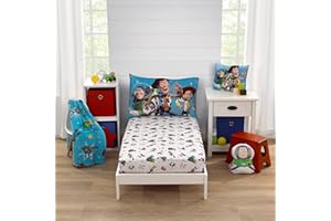 NoJo Disney Toy Story It's Play Time Blue, Green, and White, Woody and Buzz 2 Piece Toddler Sheet Set - Fitted Bottom Sheet and Reversible Pillowcase