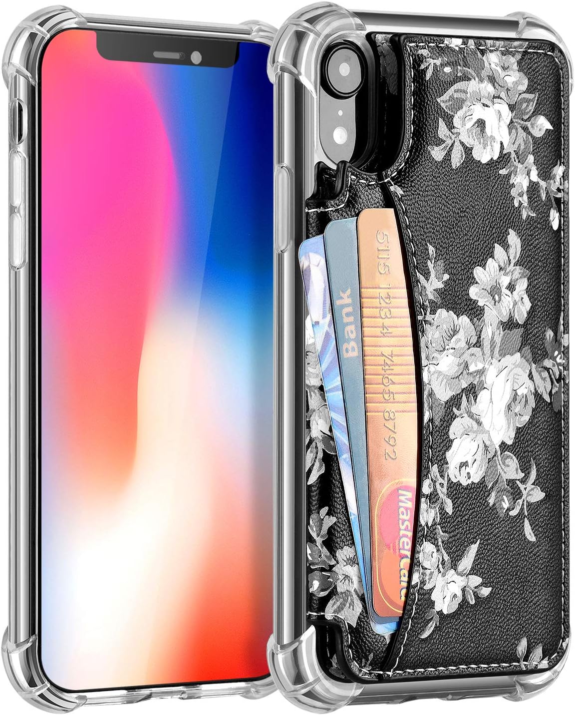 iPhone XR Case,iPhone XR with Card Holder,MISSCASE Premium Leather Protective Case with Card Holder,Double Magnetic Button,Floral Flower Phone Case for iPhone XR 2018 Black & White