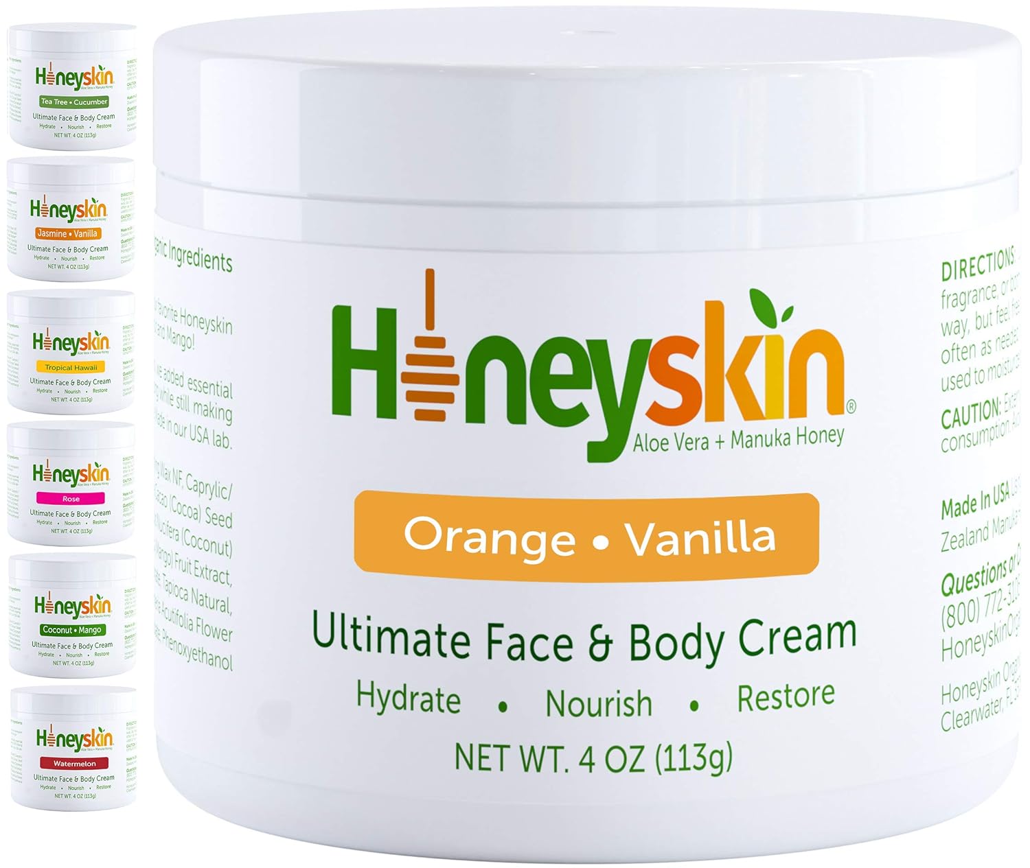 Organic Face and Body Cream Moisturizer - with Raw Manuka Honey, Shea Butter and Aloe Vera - Eczema, Acne, Redness and Dry Skin Treatment - Anti Aging and Wrinkles - Natural Orange Vanilla Scent (4oz)