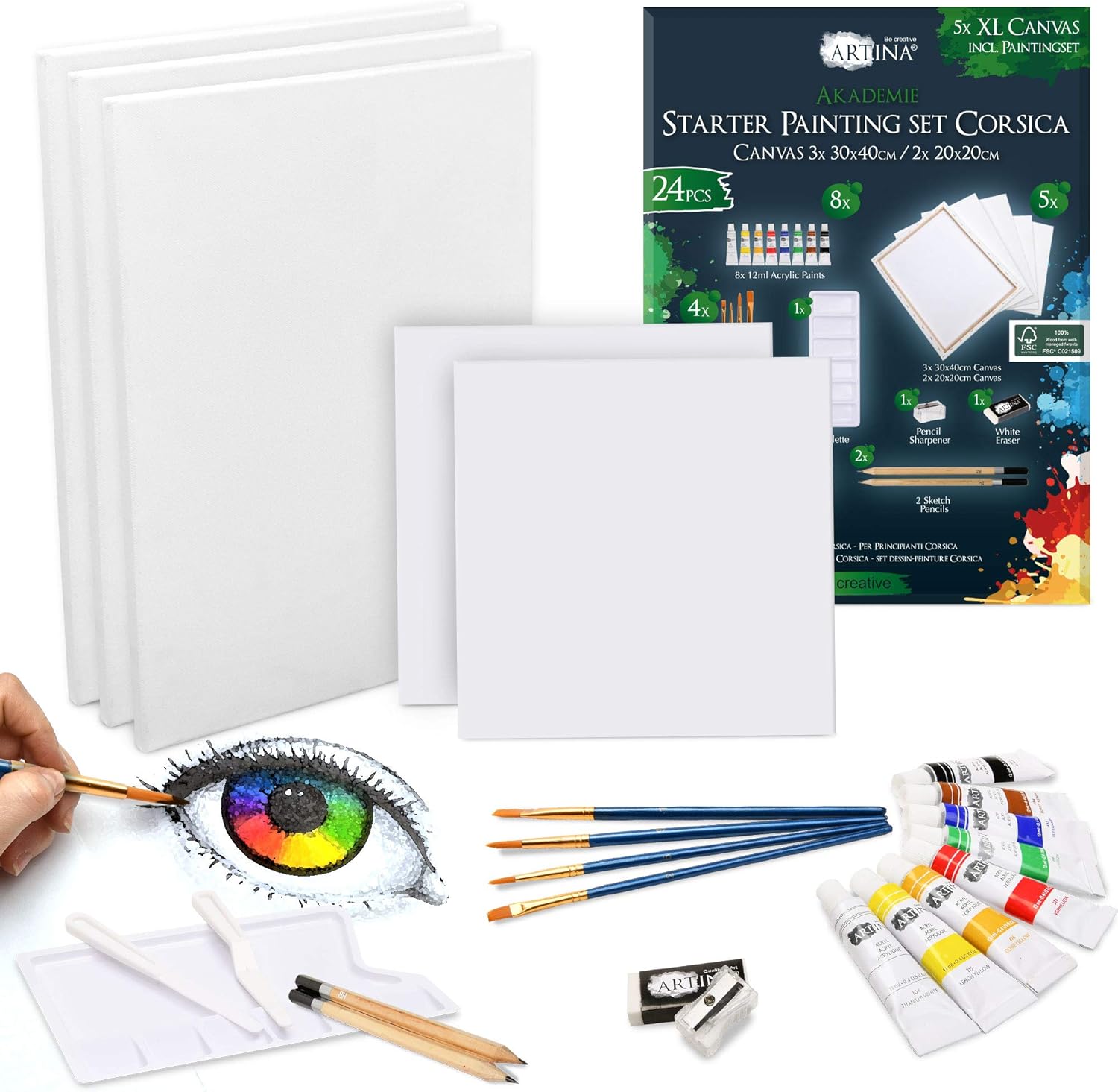 Artina 24 Teile XL Keilrahmen Set & Acrylfarben Set Corsica – Malset Acryl mit 30x40cm & 20x20cm Keilrahmen & viel Zubehör für Erwachsene und Kinder