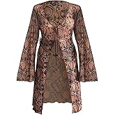 Floerns Women's Plus Size Mesh Bell Sleeve Top Tie Front Paisley Boho V Neck Peplum Long Cover Up Tops Blouse