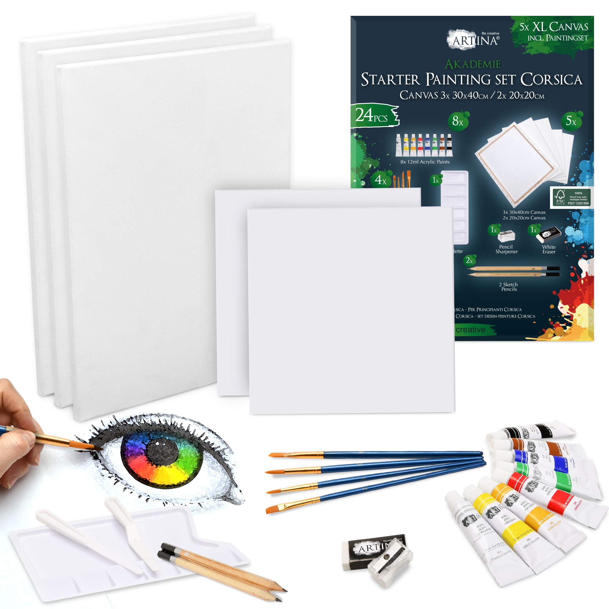 Artina 24pcs Acrylic Painting Set with 5 Canvases & Brushes – Canvas Painting Kit with Paint, Palette & Art Supplies for Kids & Beginners – Christmas Art Sets for Adults – Corsica